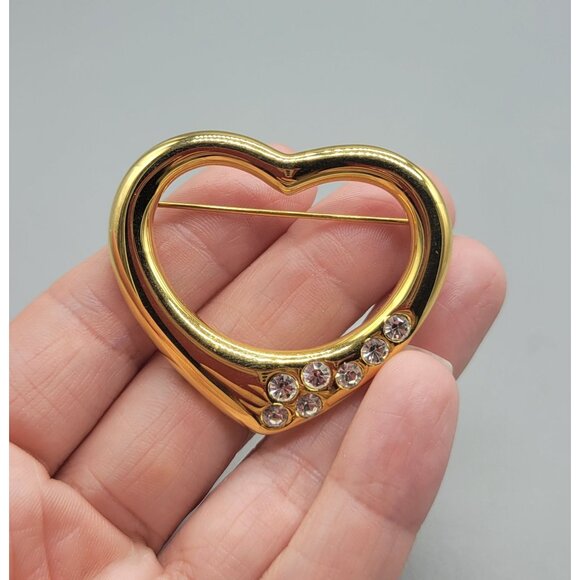 Gold Tone Clear Rhinestone Heart Love Valentines Day Brooch Pin Br1 - Picture 1 of 6